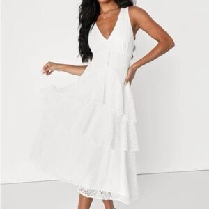 Lulus Maximum Poise White Lace Sleeveless Tiered Midi Dress